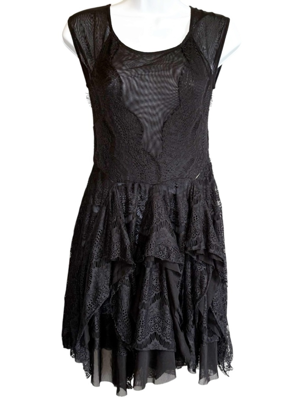 FREE PEOPLE Black Ruffle Mini Dress Mesh Lace Sleeveless Fit & Flare XS Boho
